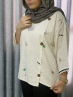 شومیز زنانه لینن ترک یقه گرد با آستین سه‌ربع